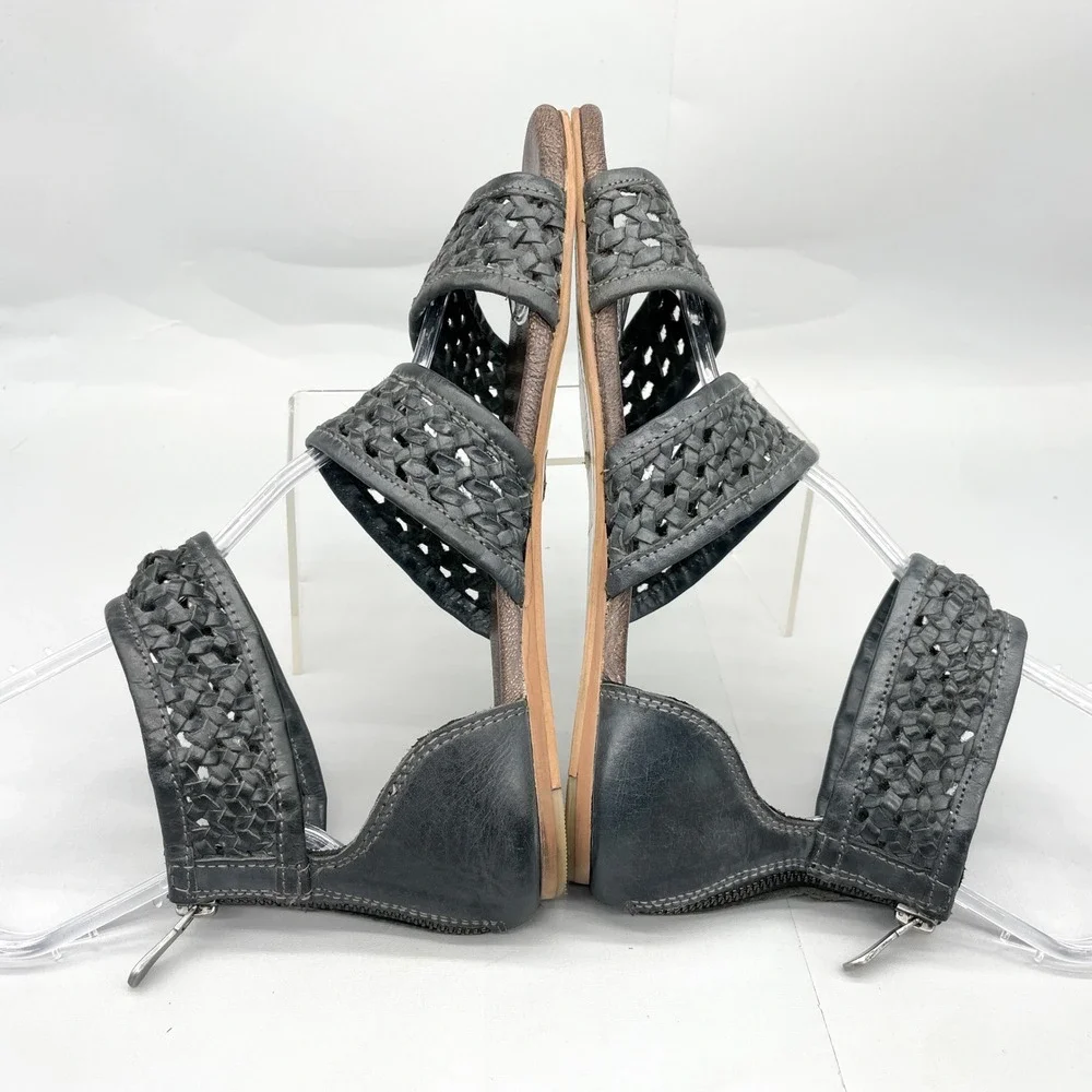 ROAN Bed Stu Womens 10 Clio Sandals Black Woven Leather Gladiator Zip Flats Boho